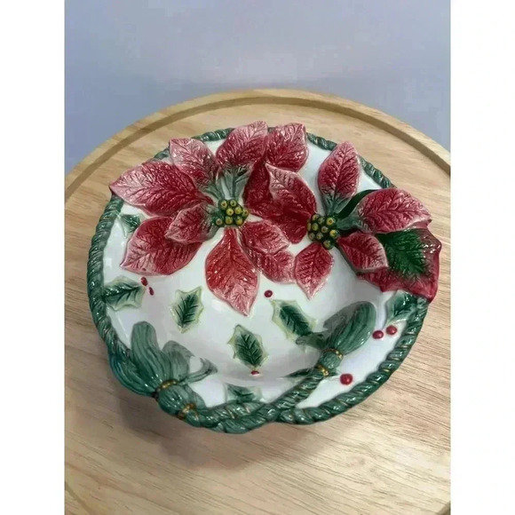 Fitz And Floyd Christmas Poinsettia Bowl Dish Candy Nuts Potpourri EUC 7" - Picture 1 of 6